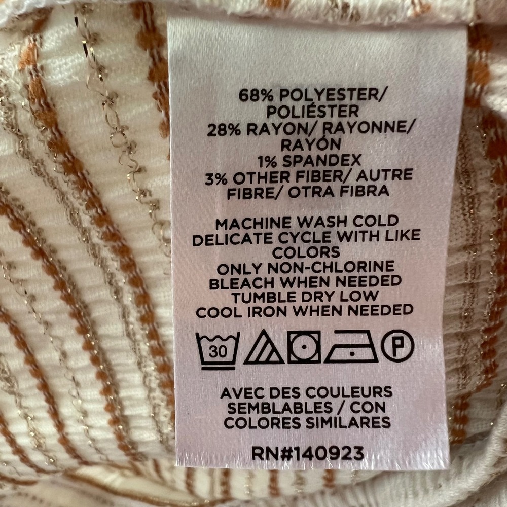 LOFT Smocked Metallic Striped Square Neck Puff Sleeve Top White Brown Gold L New - Picture 7 of 7